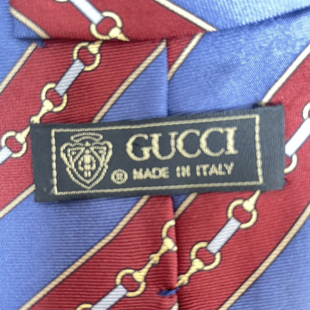 GUCCI 100% Silk Tie Red Blue Diagonal Stripe Gold Silver Chain Horsebit Italy - Picture 7 of 11